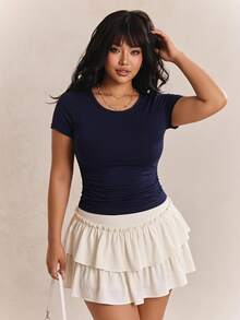 CovetEZ Navy Blue Plus Size Ruched Waistline Elastic T-Shirt Club Formal Vacation Going Out Summer Casual Streetwear Baggy - Navy Blue - View 1