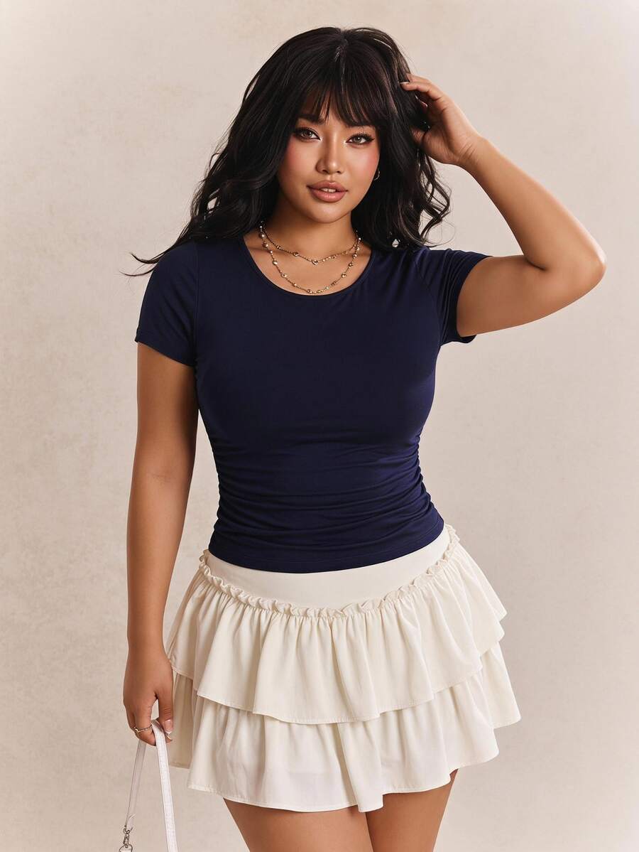 CovetEZ Navy Blue Plus Size Ruched Waistline Elastic T-Shirt Club Formal Vacation Going Out Summer Casual Streetwear Baggy - Navy Blue - View 1
