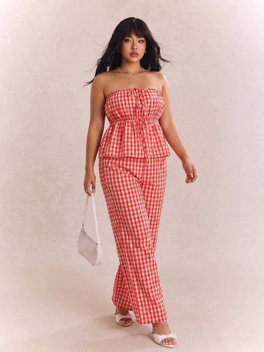 CovetEZ Spring/Summer New 2 Pieces Set: Textured Red & White Plaid Bandeau Top And Wide Leg Pants, Plus Size - Red and White - View 1