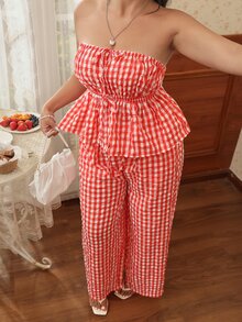 CovetEZ Spring/Summer New 2 Pieces Set: Textured Red & White Plaid Bandeau Top And Wide Leg Pants, Plus Size - Red and White - View 6