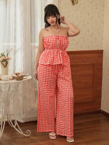 CovetEZ Spring/Summer New 2 Pieces Set: Textured Red & White Plaid Bandeau Top And Wide Leg Pants, Plus Size - Red and White - View 3