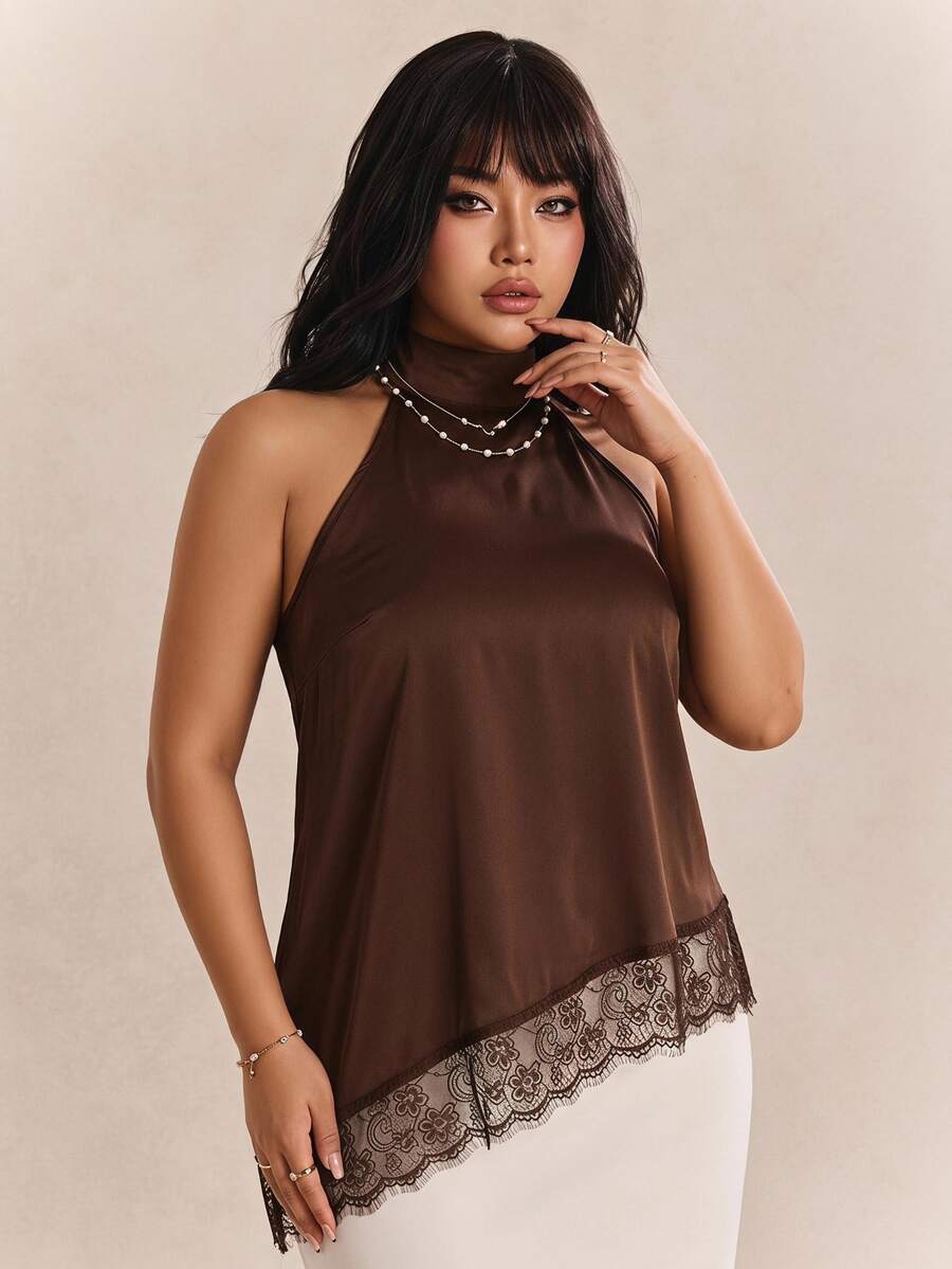 CovetEZ 大尺碼女款緞面蕾絲不對稱掛脖露背上衣,棕色,春夏款 - 棕色 - 查看 1