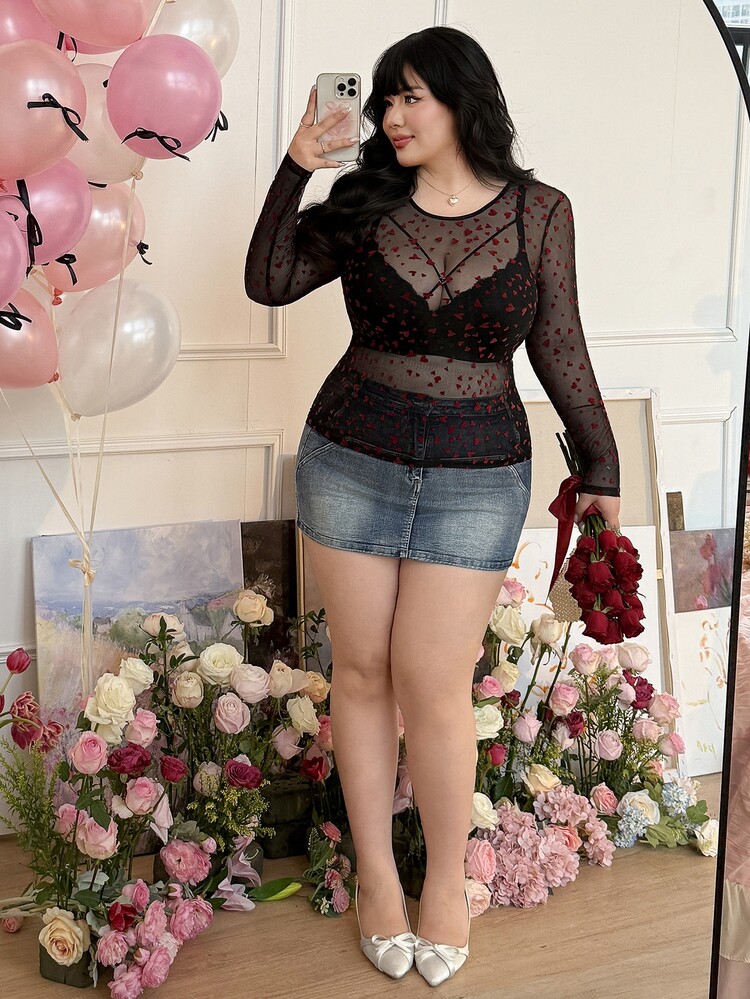 CovetEZ Plus Size Women Sheer Heart Mesh Long Sleeve Top, Suitable For Spring/Summer, Valentine's Day Plus Size Sheer Top See Through Tops - Multicolor - View 6