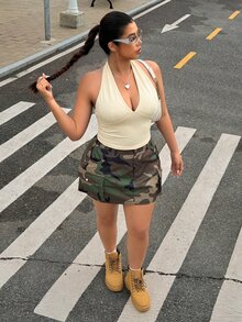 CovetEZ 大码女士性感露背吊带背心，夏季短款背心 - 淡黃色 - 查看 3