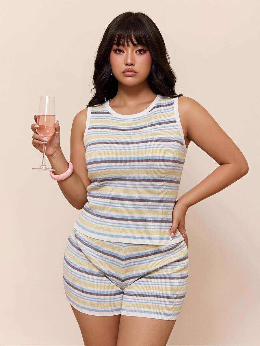CovetEZ Brown And Casual Vacation Beach Gym Loungewear Plus Size 2 Pieces Set, Autumn - Multicolor - View 1