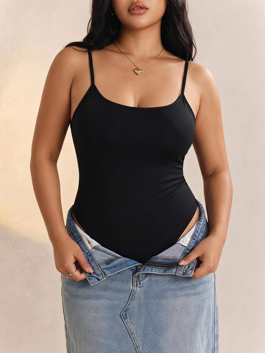 CovetEZ Plus Size Women'S Tight High Elasticity Bodysuit With Spaghetti Straps - Black - View 1