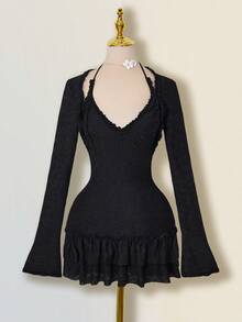 SHEIN ICON 针织提花层叠荷叶边吊带裙和吊带背心套装 - 黑色 - 查看 11