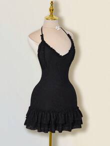 SHEIN ICON 针织提花层叠荷叶边吊带裙和吊带背心套装 - 黑色 - 查看 4