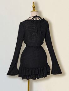 SHEIN ICON 针织提花层叠荷叶边吊带裙和吊带背心套装 - 黑色 - 查看 10