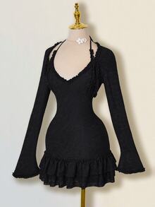 SHEIN ICON 针织提花层叠荷叶边吊带裙和吊带背心套装 - 黑色 - 查看 6