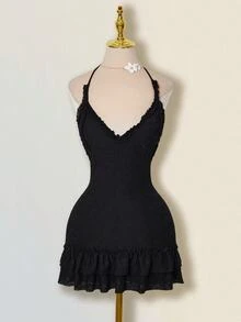 SHEIN ICON 针织提花层叠荷叶边吊带裙和吊带背心套装 - 黑色 - 查看 3
