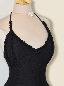 SHEIN ICON 针织提花层叠荷叶边吊带裙和吊带背心套装 - 黑色 - 查看 5