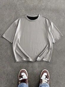 NORVETH Camiseta de manga corta con cuello redondo de PU casual y versátil para hombres - Plateado - Ver 9