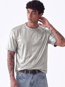 NORVETH Camiseta de manga corta con cuello redondo de PU casual y versátil para hombres - Plateado - Ver 1