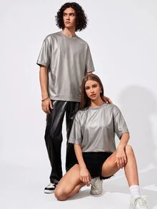NORVETH Camiseta de manga corta con cuello redondo de PU casual y versátil para hombres - Plateado - Ver 7