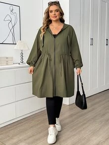 SHEIN CURVE+ Plus Size Solid Color Hooded Zip-Up Casual Smart Long Sleeve Jacket, Plus Size Autumn, Winter 2026 22W Hiking Olive Green - Green - View 4