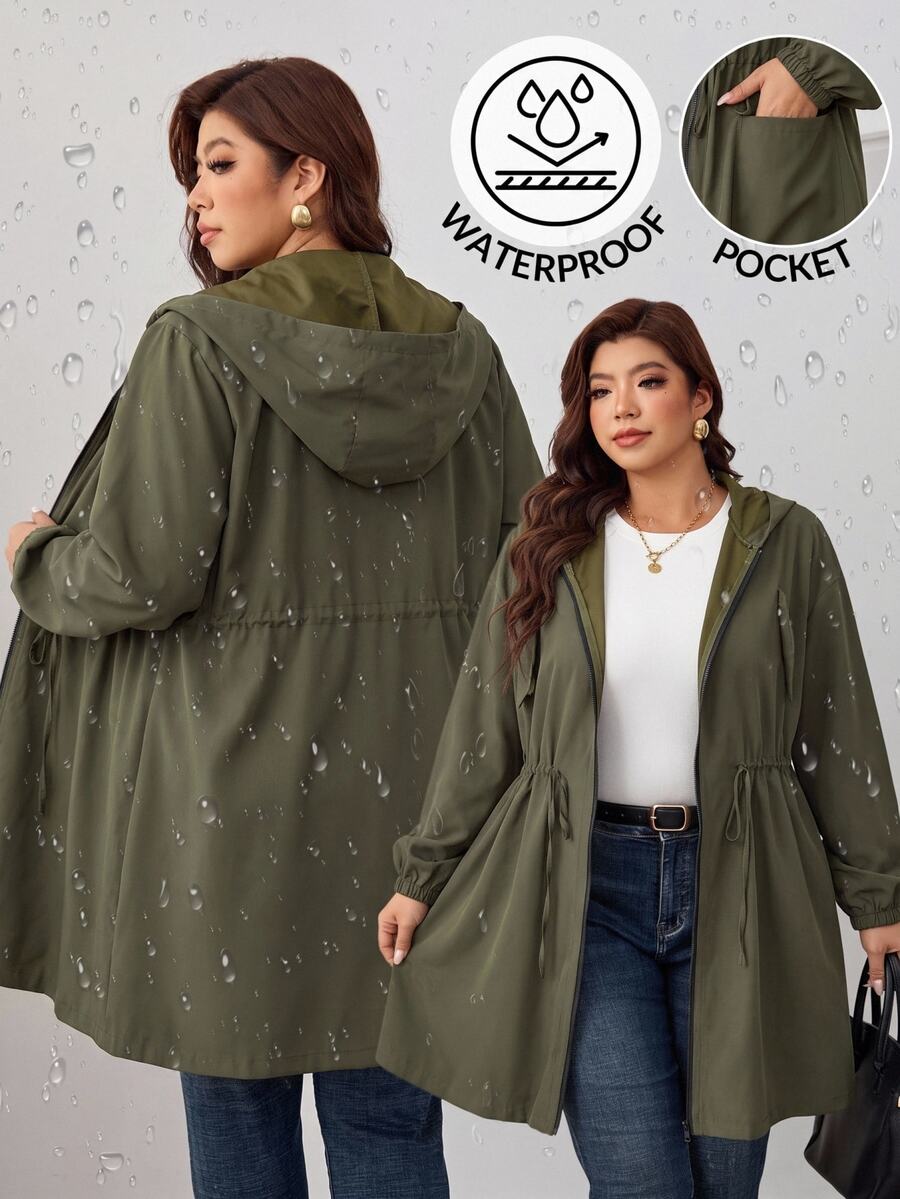 SHEIN CURVE+ Plus Size Solid Color Hooded Zip-Up Casual Smart Long Sleeve Jacket, Plus Size Autumn, Winter 2026 22W Hiking Olive Green - Green - View 1