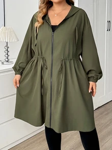 SHEIN CURVE+ Plus Size Solid Color Hooded Zip-Up Casual Smart Long Sleeve Jacket, Plus Size Autumn, Winter 2026 22W Hiking Olive Green - Green - View 2