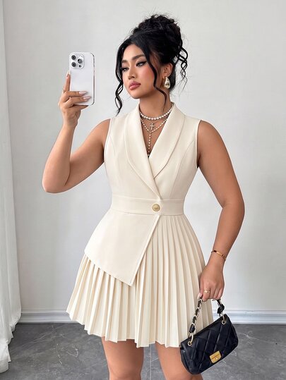 Elenzga Plus Size French Chic Blazer Dress, Sleeveless Lapel Waist-Cinching Belt Pleated Flattering Short Dress, Suitable For Light Business Gatherings, Birthday Parties, Commuting, Large Lapel Modifies Shoulder Width, Metal Single Button Exquisite And Luxurious, High Waist Pleated Short Dress Lengthens Lower Body, Simple And Elegant, Easily Wear Out Elegant Lady Elegant