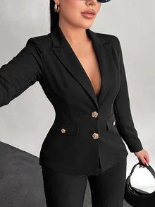 Vavine Black Metal Button Long Sleeve Women's Blazer - Black - View 5