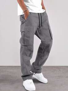 Manfinity Homme Men's Casual Solid Color Pocket Pants, Fall - smoke gray - View 1