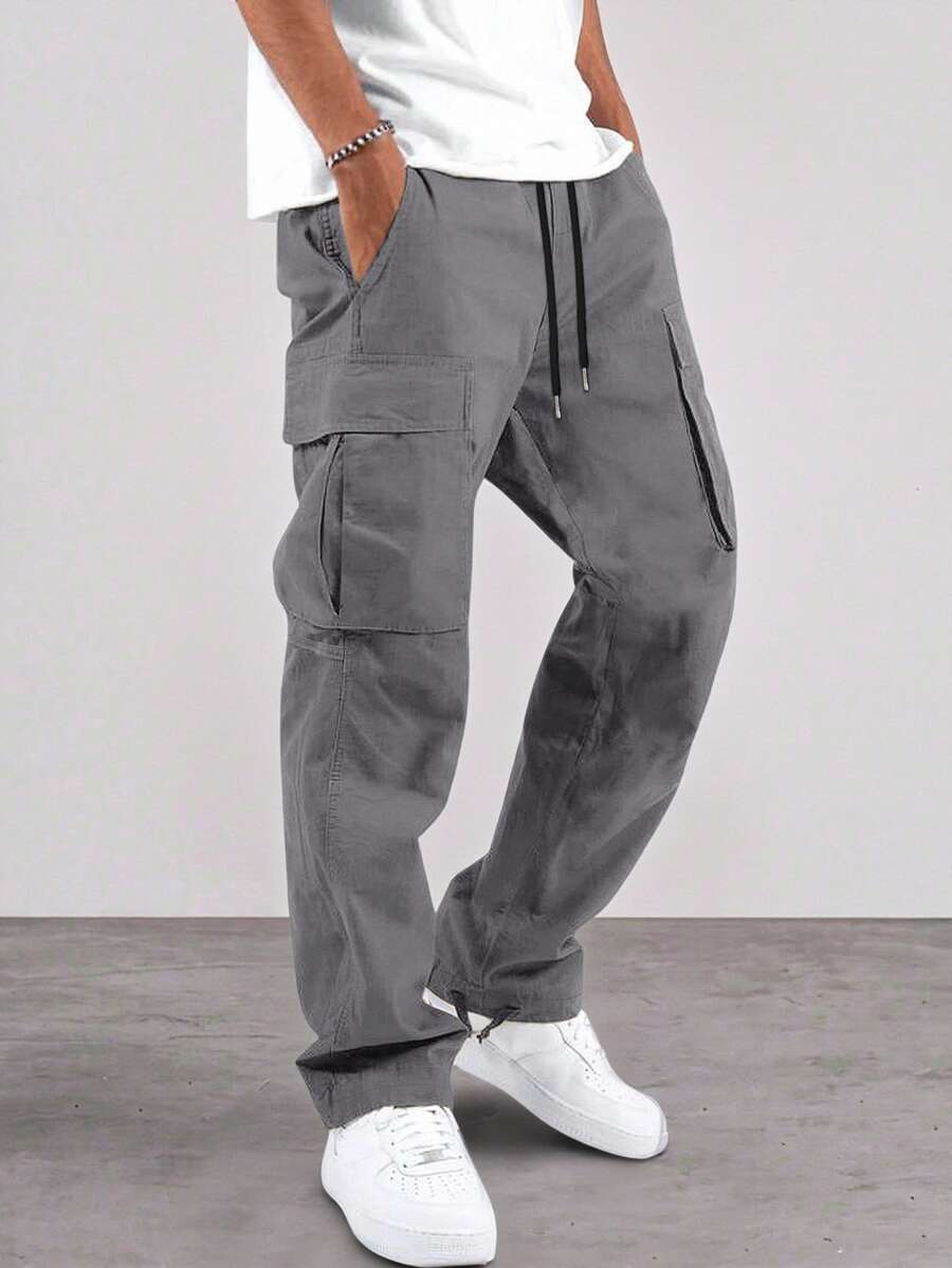 Manfinity Homme Men's Casual Solid Color Pocket Pants, Fall - smoke gray - View 1