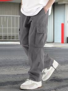 Manfinity Homme Men's Casual Solid Color Pocket Pants, Fall - smoke gray - View 3