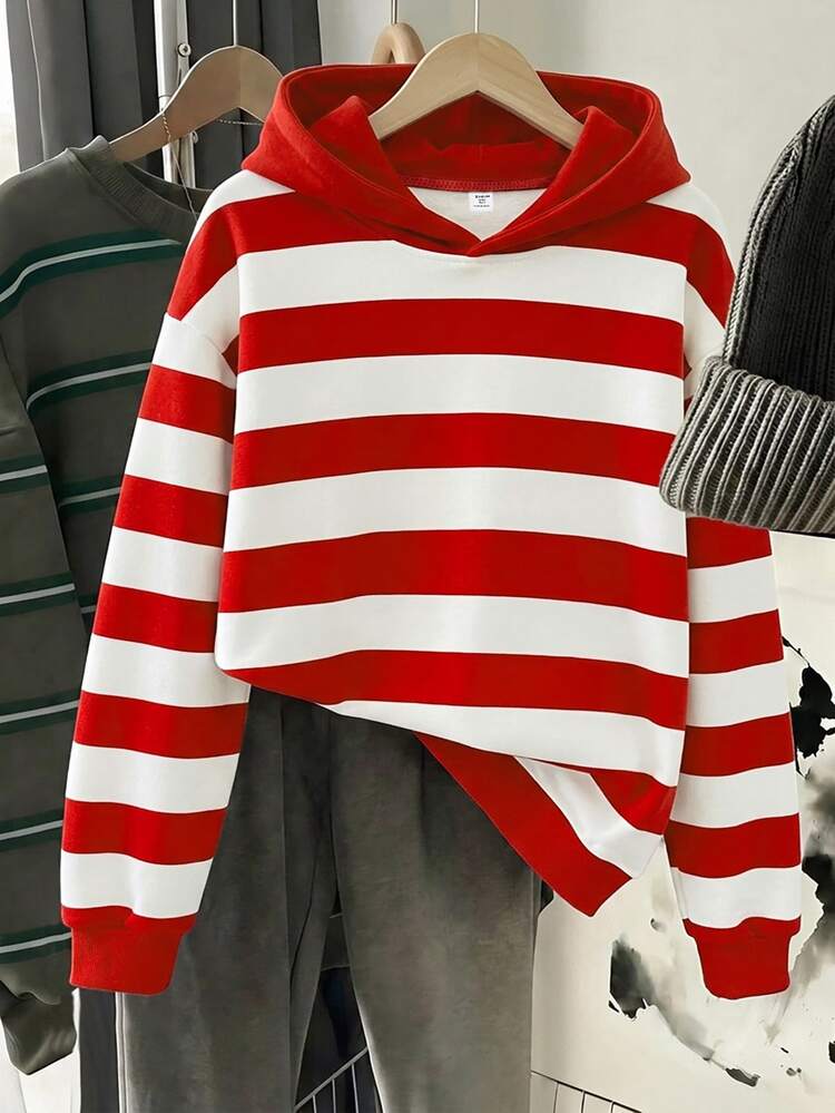 Autumn/Winter Casual Fashion Girls Cute College Style Striped Print Hooded Sweatshirt American Retro Print Design Jacket Personalized Versatile Autumn Girls Big Tween Girl Sweatshirt Suitable For Girls 8Y-12Y Red Stripes White Stripes - Black - View 3