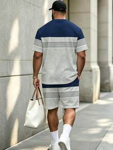KRYTIVO Plus Size Graffiti Set For Men, Grey Contrast King Print Short Sleeve Shorts 2-Piece Set, Loose Fit Slimming American Street Streetwear Casual Summer - Multicolor - View 2