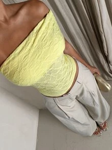 SHEIN Glamour 女款黃色紋理花卉提花抹胸上衣，時尚優雅百搭通勤約會度假上衣，女款黃色紋理布料 - 黃色 - 查看 5