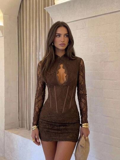 Aloruh Romantic Date Boho Long Sleeve Cutout Water Drop Neck Cinched Waist Ruched Lace Women's Dress