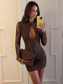 Aloruh Romantic Date Boho Long Sleeve Cutout Water Drop Neck Cinched Waist Ruched Lace Women's Dress - Brown - View 3