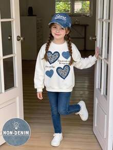 Girls' Casual Sweatshirt & Leggings Set, Streetwear Style, Includes Heart Print & Digital Print Visual Effect Crew Neck Sweatshirt And Leggings 2 Pieces Set, Comfortable & Versatile, Suitable For Daily Wear - Multicolor - View 2