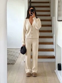 Aloruh WOMEN'S WEAR V-Neck Button Knit Cardigan & Wide Leg Pants 2Pcs Set - Beige - View 5