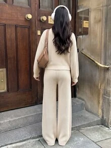 Aloruh WOMEN'S WEAR V-Neck Button Knit Cardigan & Wide Leg Pants 2Pcs Set - Beige - View 2