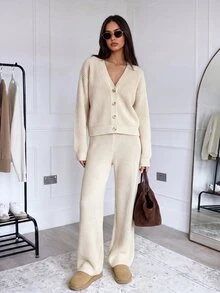 Aloruh WOMEN'S WEAR V-Neck Button Knit Cardigan & Wide Leg Pants 2Pcs Set - Beige - View 1