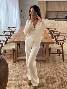 Aloruh WOMEN'S WEAR V-Neck Button Knit Cardigan & Wide Leg Pants 2Pcs Set - Beige - View 3