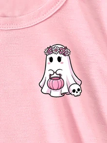 SHEIN (1件) 萬聖節女童幼兒清新可愛幽靈粉色南瓜燈豹紋格紋蝴蝶結蝙蝠星星圖案粉色短袖T恤 - 粉色 - 查看 6