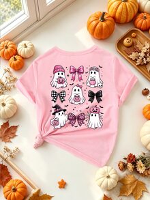 SHEIN (1件) 萬聖節女童幼兒清新可愛幽靈粉色南瓜燈豹紋格紋蝴蝶結蝙蝠星星圖案粉色短袖T恤 - 粉色 - 查看 4