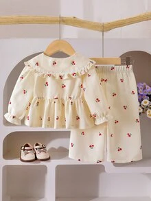 SHEIN Playful Pals 女嬰休閒可愛 Daddy's Girl 大學風翻領長袖上衣與長褲套裝，家庭拍照穿搭，紅白色，秋季 - 杏色 - 查看 3