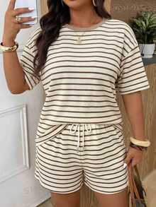 SHEIN Frenchy Plus Striped Print Drop Shoulder Tee & Drawstring Waist Shorts - Coffee Brown - View 5