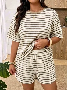 SHEIN Frenchy Plus Striped Print Drop Shoulder Tee & Drawstring Waist Shorts - Coffee Brown - View 1