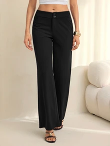 SHEIN Tall Solid High Rise Flared Straight Leg Pants Teachers' Day Business Office Work Black Autumn Casual - Black - View 4