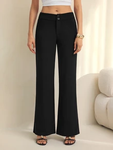 SHEIN Tall Solid High Rise Flared Straight Leg Pants Teachers' Day Business Office Work Black Autumn Casual - Black - View 7