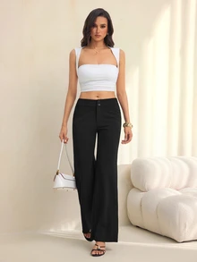 SHEIN Tall Solid High Rise Flared Straight Leg Pants Teachers' Day Business Office Work Black Autumn Casual - Black - View 3