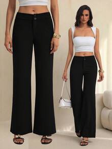 SHEIN Tall Solid High Rise Flared Straight Leg Pants Teachers' Day Business Office Work Black Autumn Casual - Black - View 8