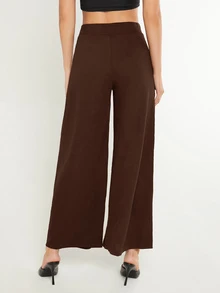 SHEIN BASICS 女款純色時尚百搭寬鬆寬腿褲 秋季居家休閒深棕色休閒百搭居家褲 - 棕色 - 查看 2