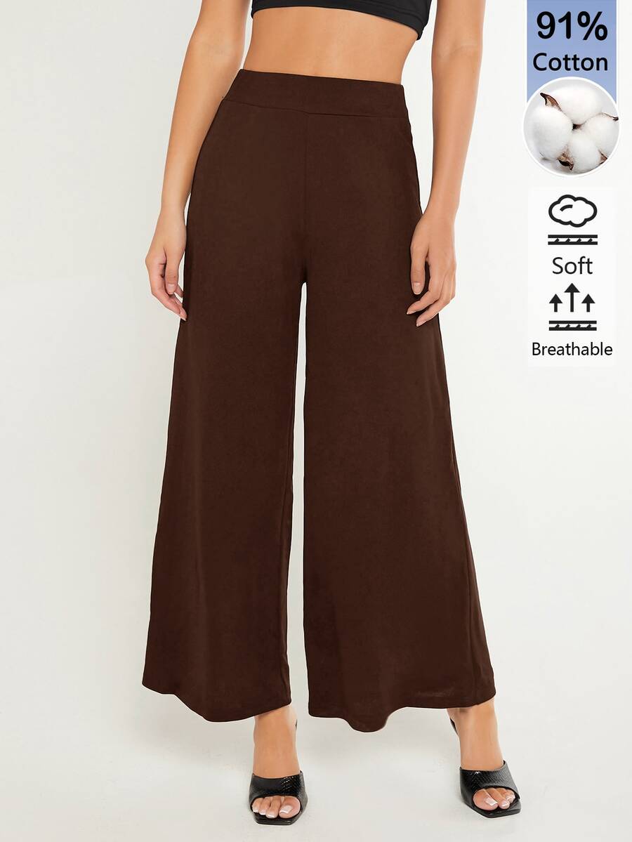 SHEIN BASICS 女款純色時尚百搭寬鬆寬腿褲 秋季居家休閒深棕色休閒百搭居家褲 - 棕色 - 查看 1