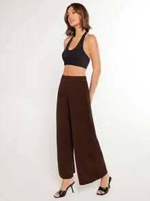 SHEIN BASICS 女款純色時尚百搭寬鬆寬腿褲 秋季居家休閒深棕色休閒百搭居家褲 - 棕色 - 查看 4