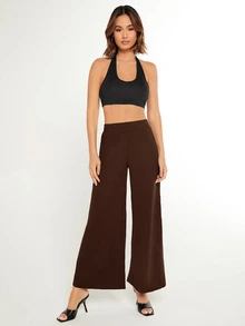 SHEIN BASICS 女款純色時尚百搭寬鬆寬腿褲 秋季居家休閒深棕色休閒百搭居家褲 - 棕色 - 查看 5
